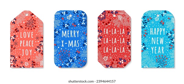 Christmas ornate trendy red blue colored tags. Merry X-mas, Happy New Year, fa la la quotes on the background with spruce twigs, snowflakes, mistletoe and rowan berries. EPS 10 vector gift card design