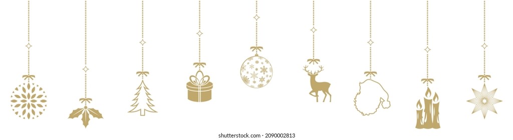 Vector ornamentado de Navidad con símbolos de decoración.
Percha de oro con cadena.
Elementos de navidad dorados colgados y decoración de fondo blanco.