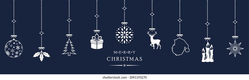 Christmas ornate vector with decoration symbols. Merry Christmas greetings.
Dark Blue Background. White Hanger with chain.