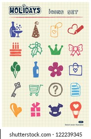 Christmas and other holidays web icons set drawn by color pencils. Hand drawn vector elements pack isolated on paper