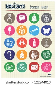 Christmas and other holidays web icons set drawn by chalk. Hand drawn vector elements pack isolated on paper