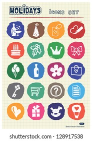 Christmas and other holidays web icons set drawn by chalk. Hand drawn vector elements pack isolated on paper