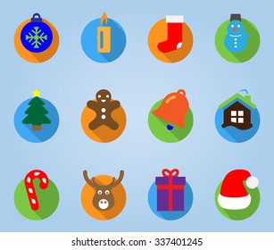 Christmas out icon set with long shadow isolated on blue background. Vector xmas symbols illustration.