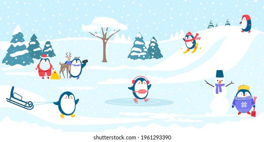 Christmas outdoor sport recreation, character penguin relax playground, xmas snow area flat vector illustration, natural landscape.