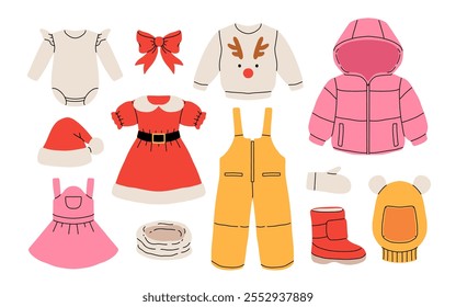 Christmas outfit for newborn or toddler girl. Winter Outfit for baby girl on xmas holidays. Cartoon vector Illustration with collection of warm clothes.