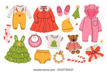 Christmas outfit for newborn or toddler girl. Winter Outfit for baby girl on xmas holidays. Cartoon vector Illustration with collection of warm clothes.