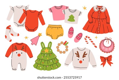 Christmas outfit for newborn or toddler girl. Winter Outfit for baby girl on xmas holidays. Cartoon vector Illustration with collection of festive clothes.