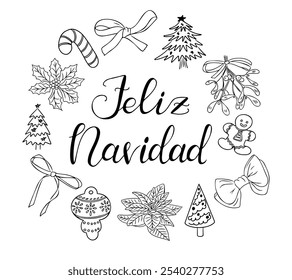 Christmas outline doodle card with calligraphy Spanish text Feliz Navidad. Winter flowers, cookies, Christmas trees and bows isolated on white background. Christmas decoration for coloring pages