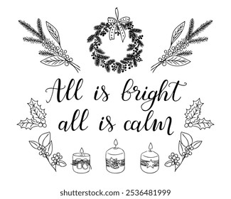 Christmas outline doodle greeting card with hand drawn calligraphy. Hand drawn candles and Christmas decorations isolated on white background. Nature items for Christmas for coloring pages, stickers