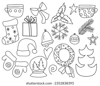 Conjunto de doodles de esquema navideño, símbolos de vacaciones y objetos ilustración vectorial