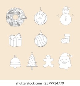 Christmas Outline Element Set, Christmas Outline Collection, Vector Illustration.