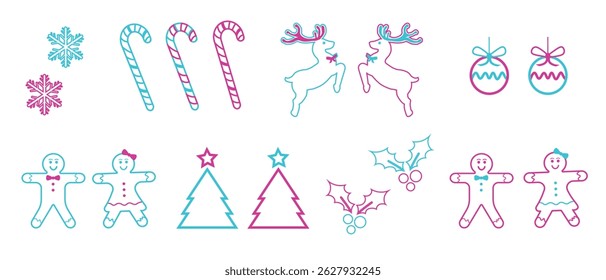 Christmas Outline Elements Set. Vector Magenta Blue Collection Isolated on White  Background New Year Creative Minimal Design Elements. Two Colors Christmas Signs and Symbols Collection.