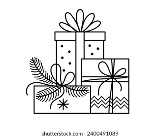 Christmas outline gifts with branches, ribbons, ornaments. Xmas decorative element. New Year template for greeting cards, label. Vector illustration.