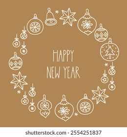 Christmas outline greeting card with snowflakes, stars, bells, balls, baubles on gold background. Perfect for seasonal holidays and decorations. Hand drawn frame, wreath