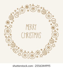 Christmas outline greeting card with stars, balls, cones, snowflakes on white background. Perfect for seasonal holidays and decorations. Hand drawn frame, wreath