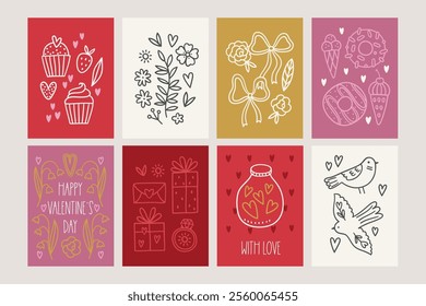 Christmas outline greeting cards with cupcake, strawberries, leaves, flowers, bows, birds, ring, gifts, hearts in Red, Gold, Pink and White. Perfect for holiday decoration. Vector illustration