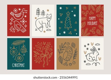 Christmas outline greeting cards with fox, birds, rabbit, balls, fir tree, berries, branches, snowflakes, bow in Red, Gold, Green and White. Perfect for holiday decoration. Vector illustration