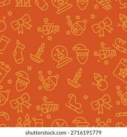 Christmas Outline Icon Seamless Pattern Orange Background. Vector Illustration