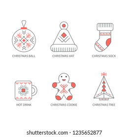 Christmas outline icons with ancient Slavic symbols oberig like talisman cornflower, eigthed pointed star, tree of life and etc.