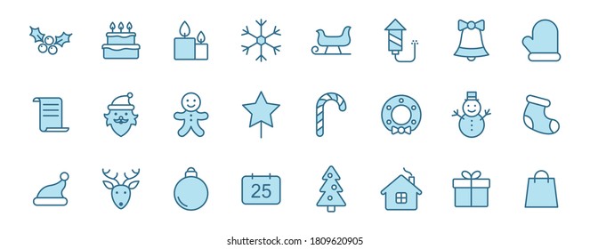 christmas outline icons in two colors for web, mobile and ui design. christmas blue vector icons isolated on white background