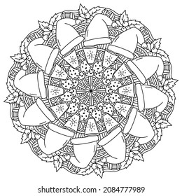 Christmas outline mandala, holiday coloring page with santa hat, hot drink and Xmas attributes vector illustration
