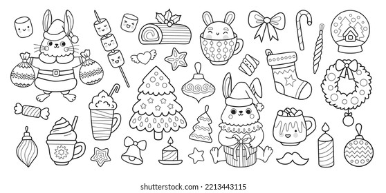 Christmas outline rabbit cartoon characters and elements for coloring book. Cute bunny in santa claus costune, xmas elf, tree, holly and holiday decorations. Vector isolated doodle illustration.