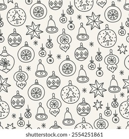 Christmas outline seamless pattern with bell, stars, balls, snowflakes, baubles on white background. Perfect for wallpaper, gift paper, winter greeting cards. Vector hand drawn illustration