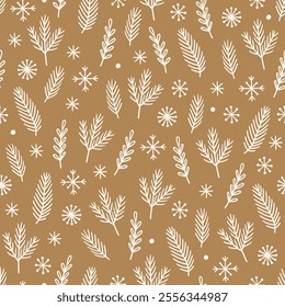 Christmas outline seamless pattern with fir branches and snowflakes on gold background. Perfect for wallpaper, gift paper, winter greeting cards. Vector hand drawn illustration