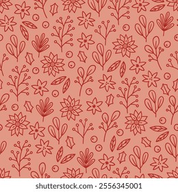 Christmas outline seamless pattern with flowers, berries, leaves on pink background. Perfect for wallpaper, gift paper, winter greeting cards. Vector hand drawn illustration