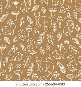 Christmas outline seamless pattern with foxes, rabbits, owls, mushrooms, leaves, snowflakes on gold background. Perfect for wallpaper, gift paper, winter greeting cards. Vector hand drawn illustration