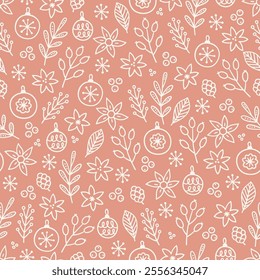 Christmas outline seamless pattern with leaves, flowers, balls, snowflakes, berries on pink background. Perfect for wallpaper, gift paper, winter greeting cards. Vector hand drawn illustration