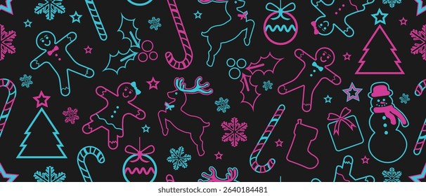 Christmas Outline Seamless Pattern. Neon Christmas and New year Holiday Repeatable  Decorative Elements Texture for Wallpaper, Gift Wrapping paper, Card or Banner Template or Fabric Textile Prints.
