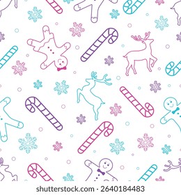 Christmas Outline Seamless Pattern. Neon Christmas and New year Holiday Repeatable  Decorative Elements Texture for Wallpaper, Gift Wrapping paper, Card or Banner Template or Fabric Textile Prints.