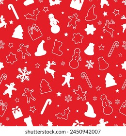 Christmas Outline Seamless Pattern. Christmas and New year Holiday Repeatable Pattern. Decorative Elements Texture for Wallpaper, Gift Wrapping paper, Card or Banner Template or Fabric Textile Prints.