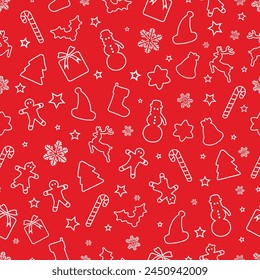 Christmas Outline Seamless Pattern. Christmas and New year Holiday Repeatable Pattern. Decorative Elements Texture for Wallpaper, Gift Wrapping paper, Card or Banner Template or Fabric Textile Prints.