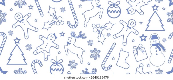 Christmas Outline Seamless Pattern. Christmas and New year Holiday Repeatable Pattern. Decorative Elements Texture for Wallpaper, Gift Wrapping paper, Card or Banner Template or Fabric Textile Prints.