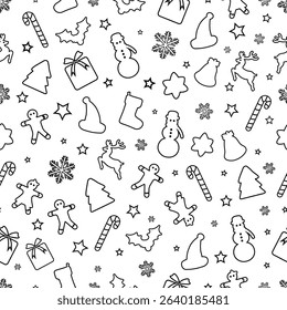 Christmas Outline Seamless Pattern. Christmas and New year Holiday Repeatable Pattern. Decorative Elements Texture for Wallpaper, Gift Wrapping paper, Card or Banner Template or Fabric Textile Prints.