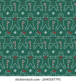 Christmas Outline Seamless Pattern. Christmas and New year Holiday Repeatable Gingerbread Cookies Candy Canes and Snowflakes Wallpaper, Wrapping paper, Card or Banner Template or Fabric Textile Prints