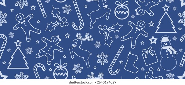 Christmas Outline Seamless Pattern. Christmas and New year Holiday Repeatable Pattern. Decorative Elements Texture for Wallpaper, Gift Wrapping paper, Card or Banner Template or Fabric Textile Prints.