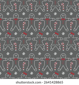 Christmas Outline Seamless Pattern. Christmas and New year Holiday Repeatable Gingerbread Cookies Candy Canes and Snowflakes Wallpaper, Wrapping paper, Card or Banner Template or Fabric Textile Prints