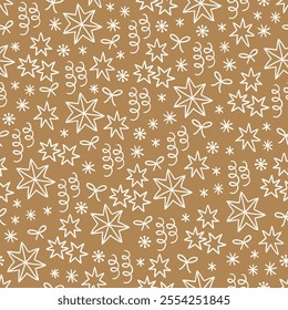 Christmas outline seamless pattern with serpentine, bows, stars on gold background. Perfect for wallpaper, gift paper, winter greeting cards. Vector hand drawn illustration