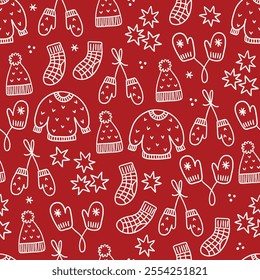 Christmas outline seamless pattern with sweaters, socks, mittens, stars, snowflakes on red background. Perfect for wallpaper, gift paper, winter greeting cards. Vector hand drawn illustration