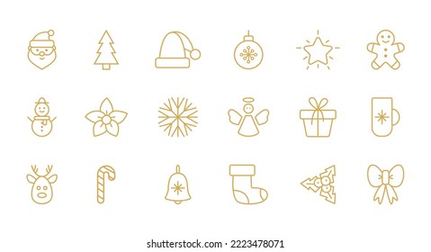 Christmas outline thin symbol. Winter holiday line icon set. Xmas tree snowman, santa, sock ball, bell, reindeer, gift candy, star design element. Celebration New Year. Vector illustration.