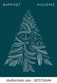 Árbol de esquema navideño hecho de ramas, hojas y flores. Decoración de vacaciones con lugar para el texto. Vector