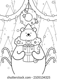 Christmas outline vector coloring book page for children. Cute cartoon polar bear line drawn vector with christmas trees, gifts and decorations. Line art winter coloring page.