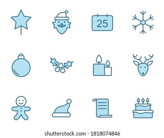 Christmas outline vector icons in two colors isolated on white background. Christmas blue icon set for web design, mobile apps, ui design and print.