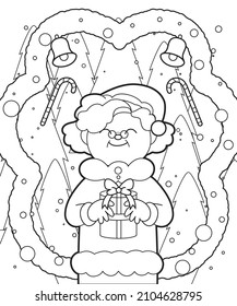 Christmas outline vector illustration coloring page for children. Winter line art Mother Christmas or Mrs Claus cartoon vector with christmas trees, decorations and gifts. Coloring book page.