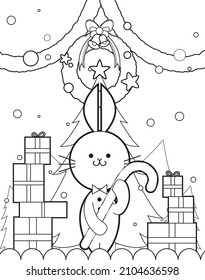 Christmas outline vector illustration coloring book page for children. Line art, line drawn christmas character with gifts, christmas trees and seasonal decorations. Cartoon bunny for coloring page.