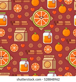 Christmas outline vector seamless pattern with grapefruit, cinnamon, honey, brown sugar and hearts. Warm and funny colorful background. 