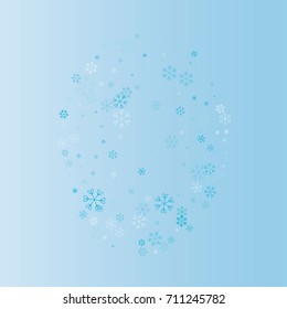 Christmas oval background with random scatter falling blue snowflakes on a blue background.